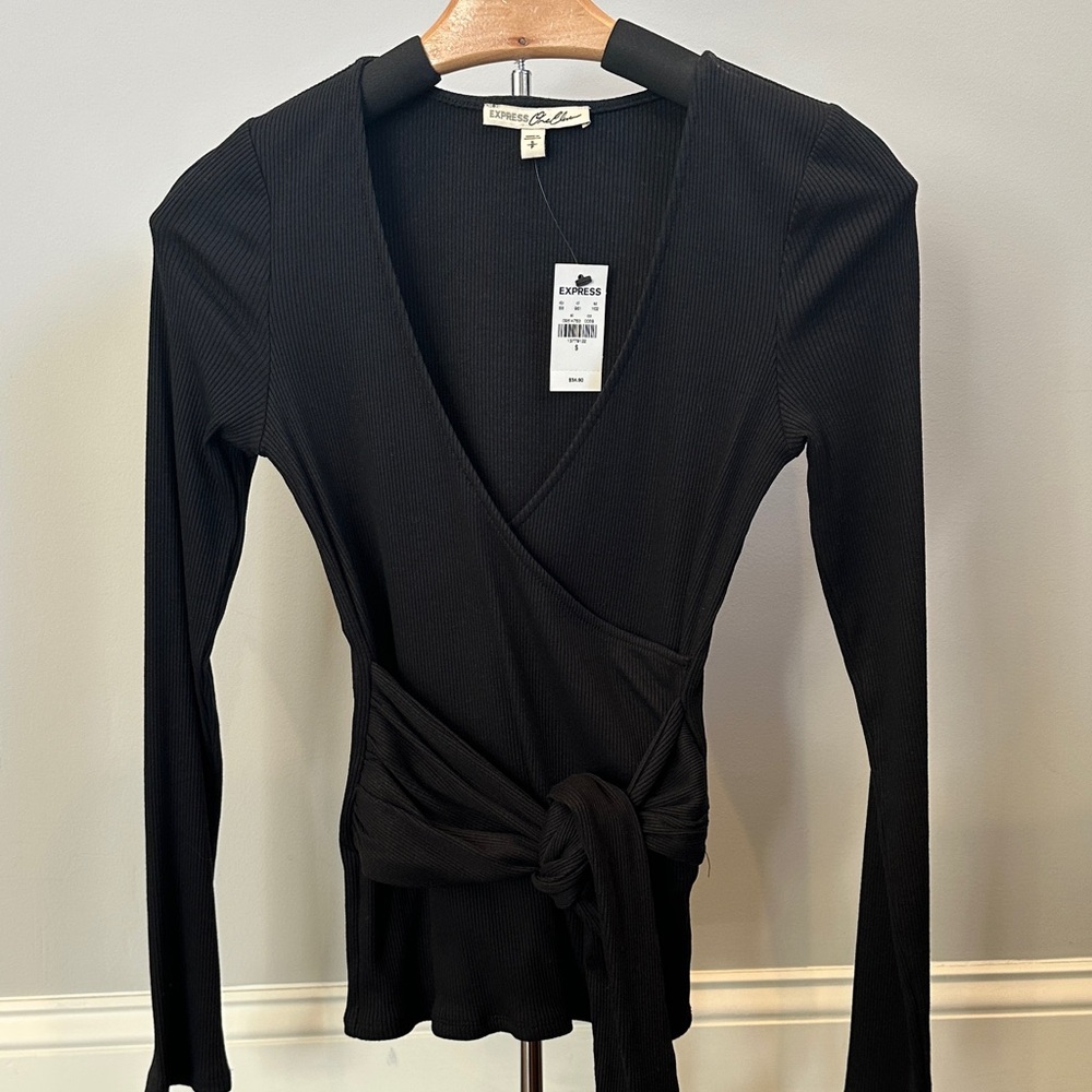 Express Ribbed Black Long Sleeve Wrap Top